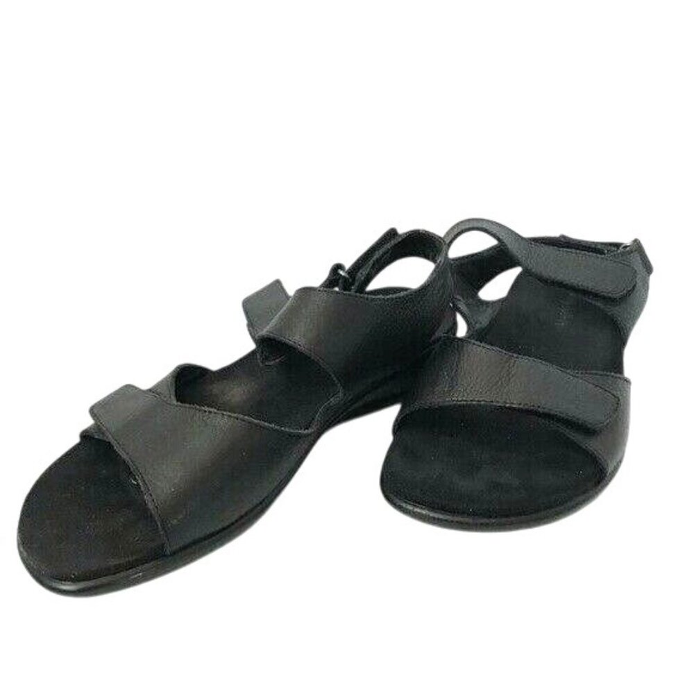 Easy Spirit Womens Black Leather Sandals‎ Adjustable Straps Comfortable Flat 5m
